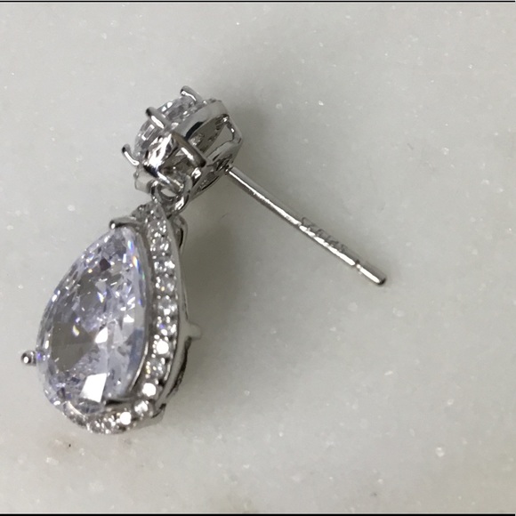 .925 Sterling Silver Rhodium Plated Teardrop CZ Earrings - Picture 13 of 17